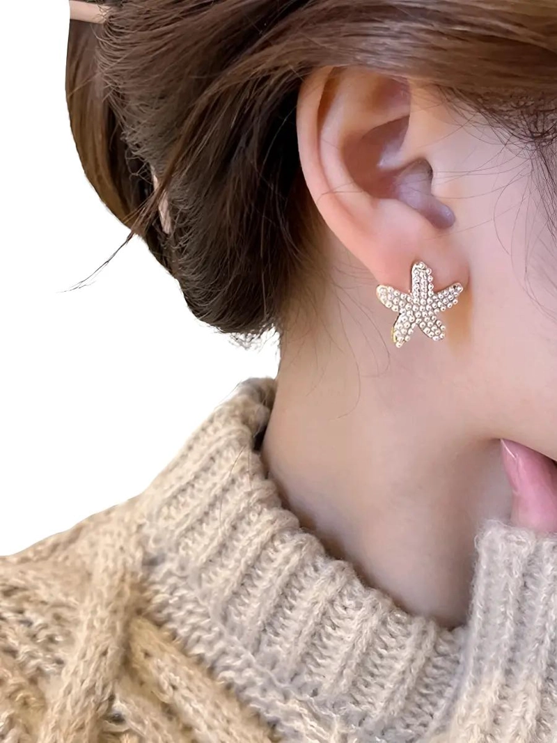 AROS DE ESTRELLAS DE MAR CON PERLAS PARA MUJER EN BAÑO DE ORO - 1