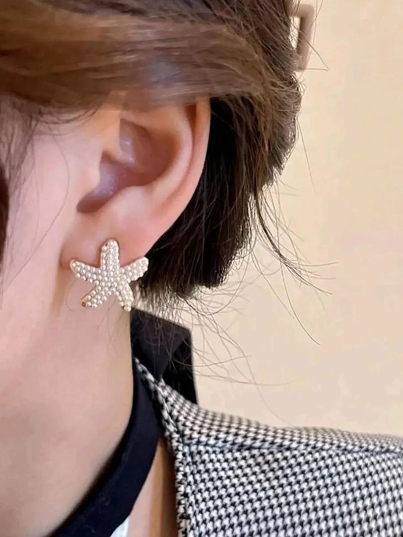 AROS DE ESTRELLAS DE MAR CON PERLAS PARA MUJER EN BAÑO DE ORO - 4