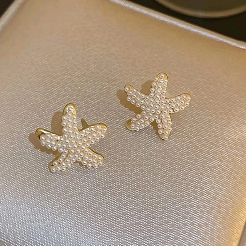 AROS DE ESTRELLAS DE MAR CON PERLAS PARA MUJER EN BAÑO DE ORO - 5