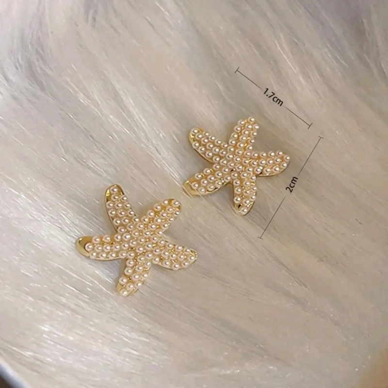 AROS DE ESTRELLAS DE MAR CON PERLAS PARA MUJER EN BAÑO DE ORO - 6