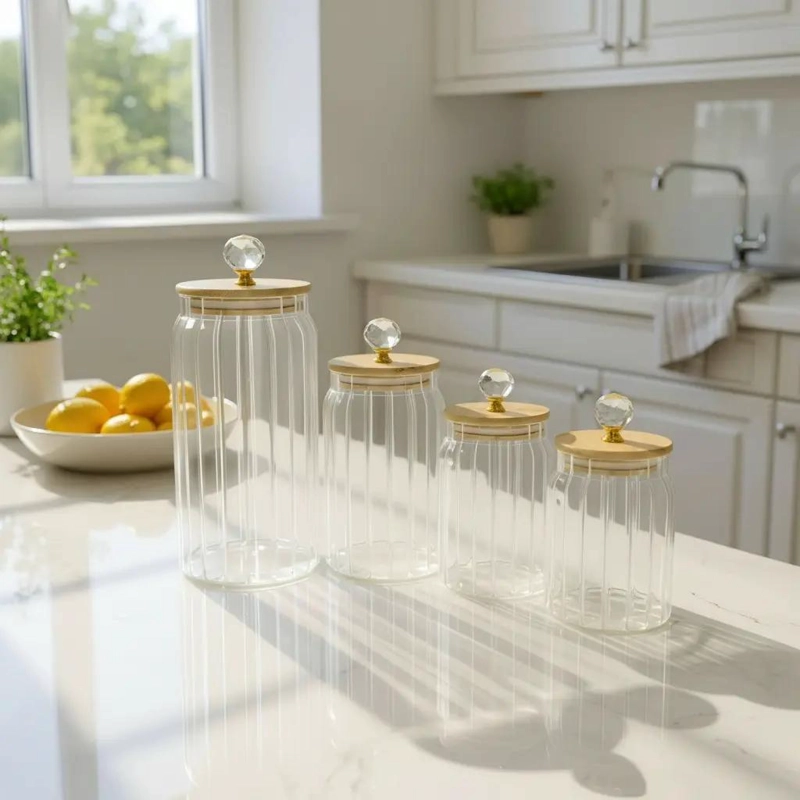 SET DE 4 FRASCOS DE VIDRIO CON TAPA DE MADERA Y DISEÑO ELEGANTE - 1