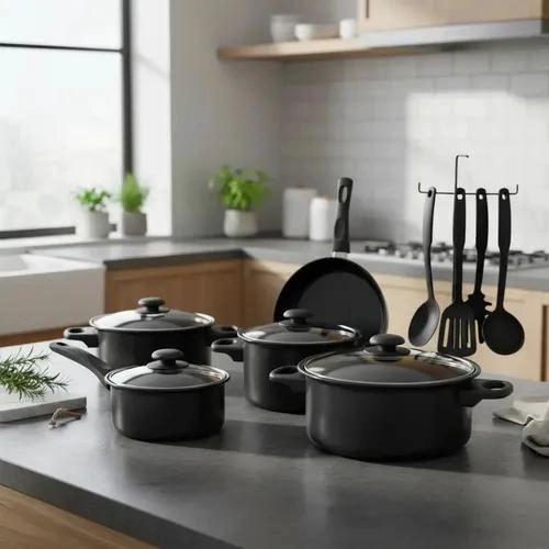 JUEGO DE OLLAS ANTIADHERENTES CON UTENSILIOS DE COCINA 13 PIEZAS NEGRO - 1