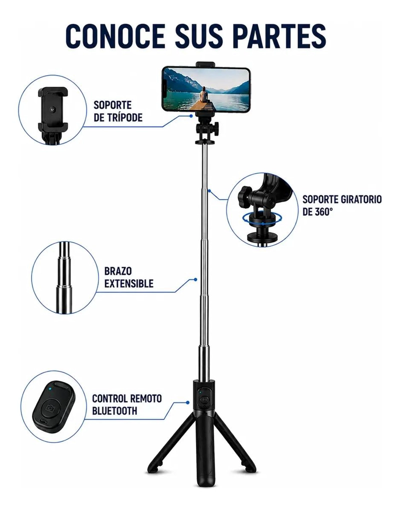 TRIPODE AJUSTABLE Y PALO SELFIE CON CONTROL REMOTO - 5