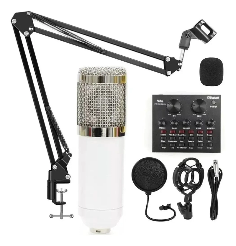 MICROFONO CONDENSADOR CON SOPORTE Y TARJETA DE SONIDO V8 COLOR BLANCO - 1