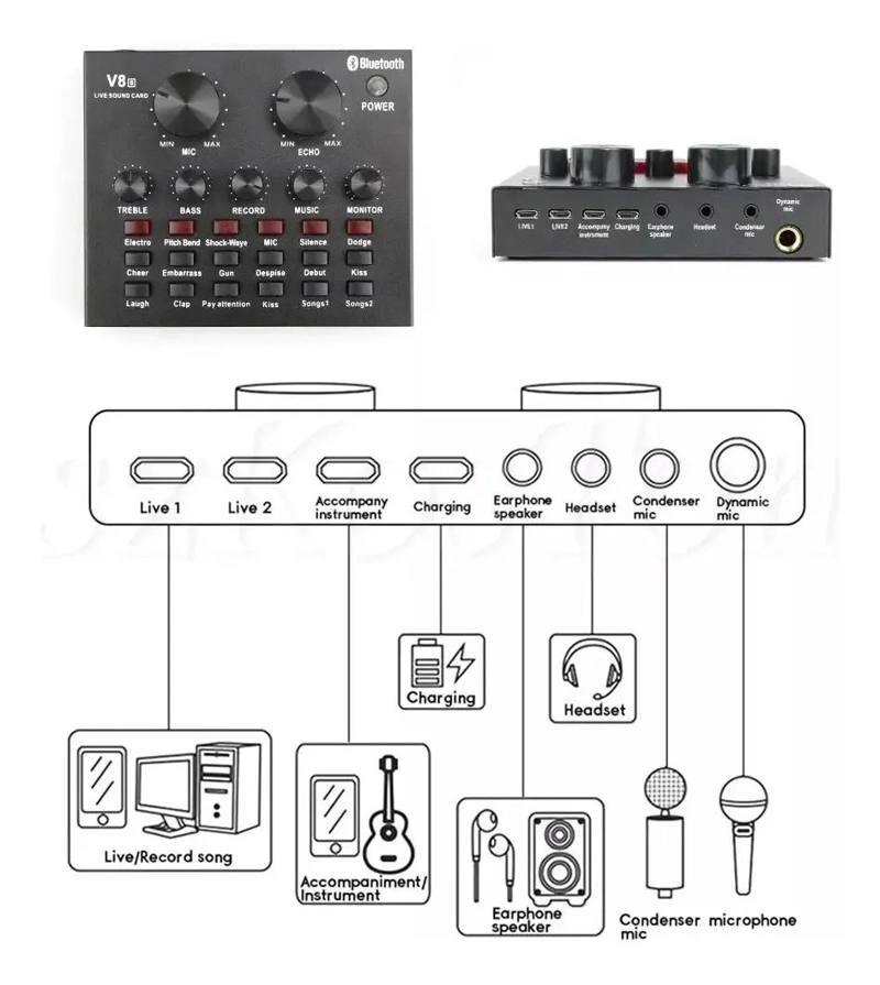 MICROFONO CONDENSADOR CON SOPORTE Y TARJETA DE SONIDO V8 COLOR BLANCO - 9