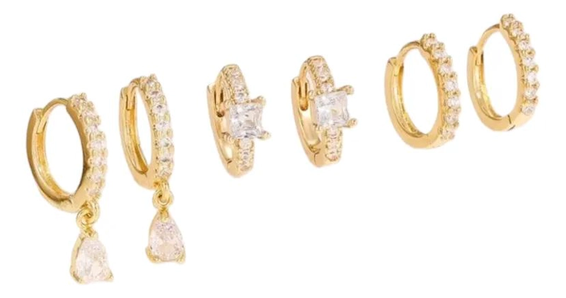 SET DE 3 PARES DE AROS CON CIRCONES Y BAÑO EN ORO 18K PARA SEGUNDAS PERFORCIONES - 1