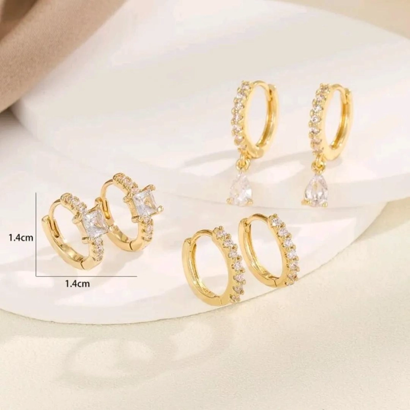 SET DE 3 PARES DE AROS CON CIRCONES Y BAÑO EN ORO 18K PARA SEGUNDAS PERFORCIONES - 5