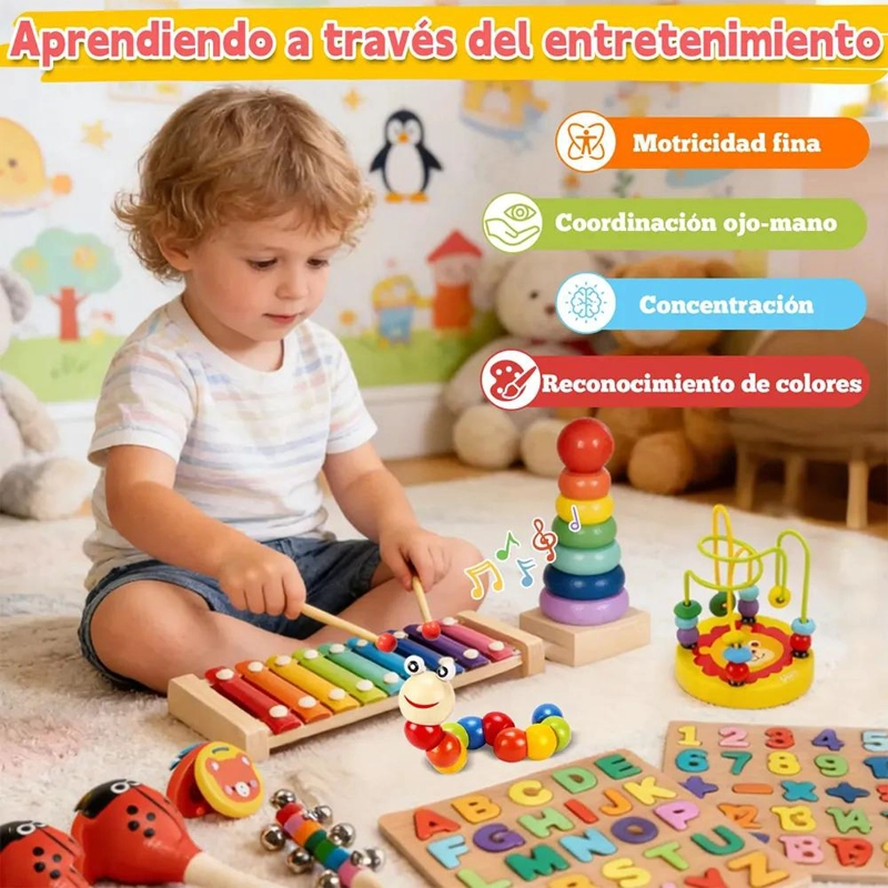 PACK 11 JUGUETES DIDACTICOS DE MADERA MULTICOLOR PARA NIÑOS - 5