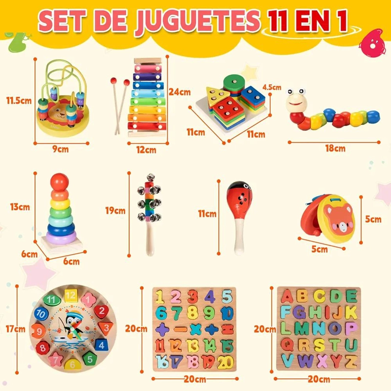 PACK 11 JUGUETES DIDACTICOS DE MADERA MULTICOLOR PARA NIÑOS - 7