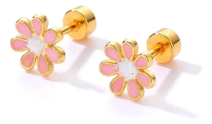 AROS DE FLOR PARA NIÑA CON TOPE SEGURO EN BAÑO DE ORO 18K - 3