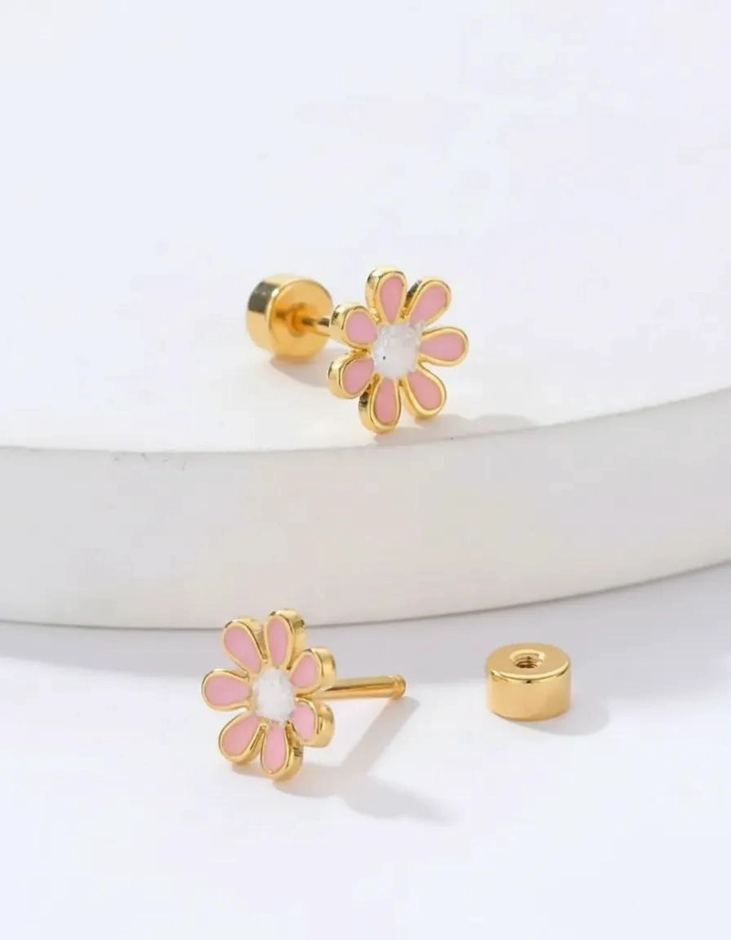 AROS DE FLOR PARA NIÑA CON TOPE SEGURO EN BAÑO DE ORO 18K - 6