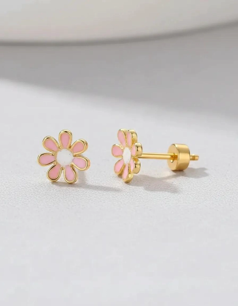 AROS DE FLOR PARA NIÑA CON TOPE SEGURO EN BAÑO DE ORO 18K - 7