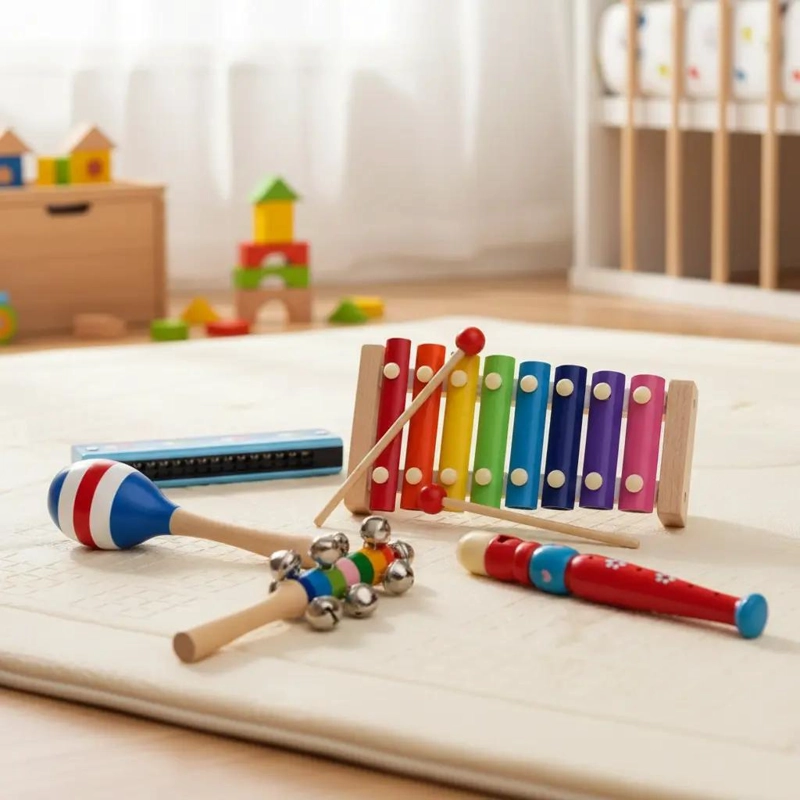 PACK DE 5 JUGUETES MUSICALES DIDACTICOS DE MADERA PARA NIÑOS - 1
