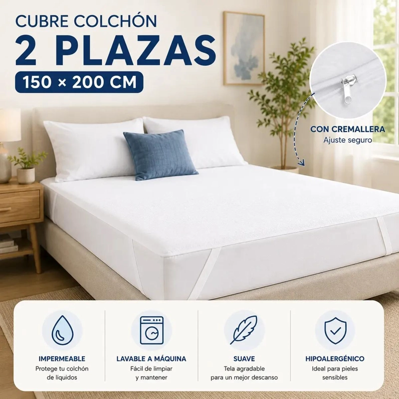 CUBRE COLCHON IMPERMEABLE 2 PLAZAS CON PROTECCION HIPOALERGE NICA - 1