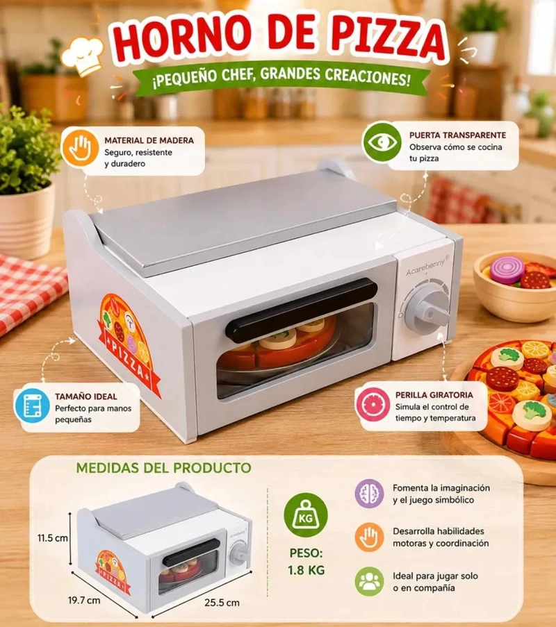 HORNO DE PIZZA DE MADERA 30 PIEZAS PARA JUEGO INFANTIL - 6