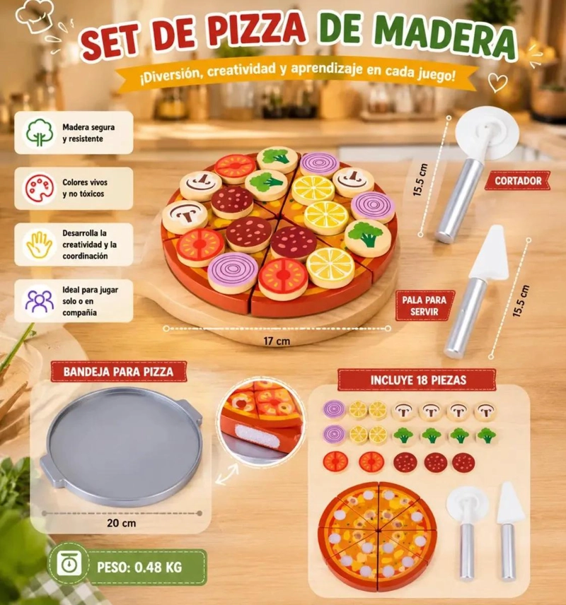 HORNO DE PIZZA DE MADERA 30 PIEZAS PARA JUEGO INFANTIL - 7