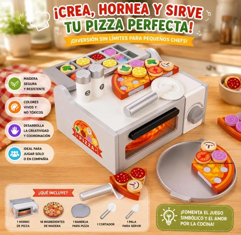 HORNO DE PIZZA DE MADERA 30 PIEZAS PARA JUEGO INFANTIL - 8