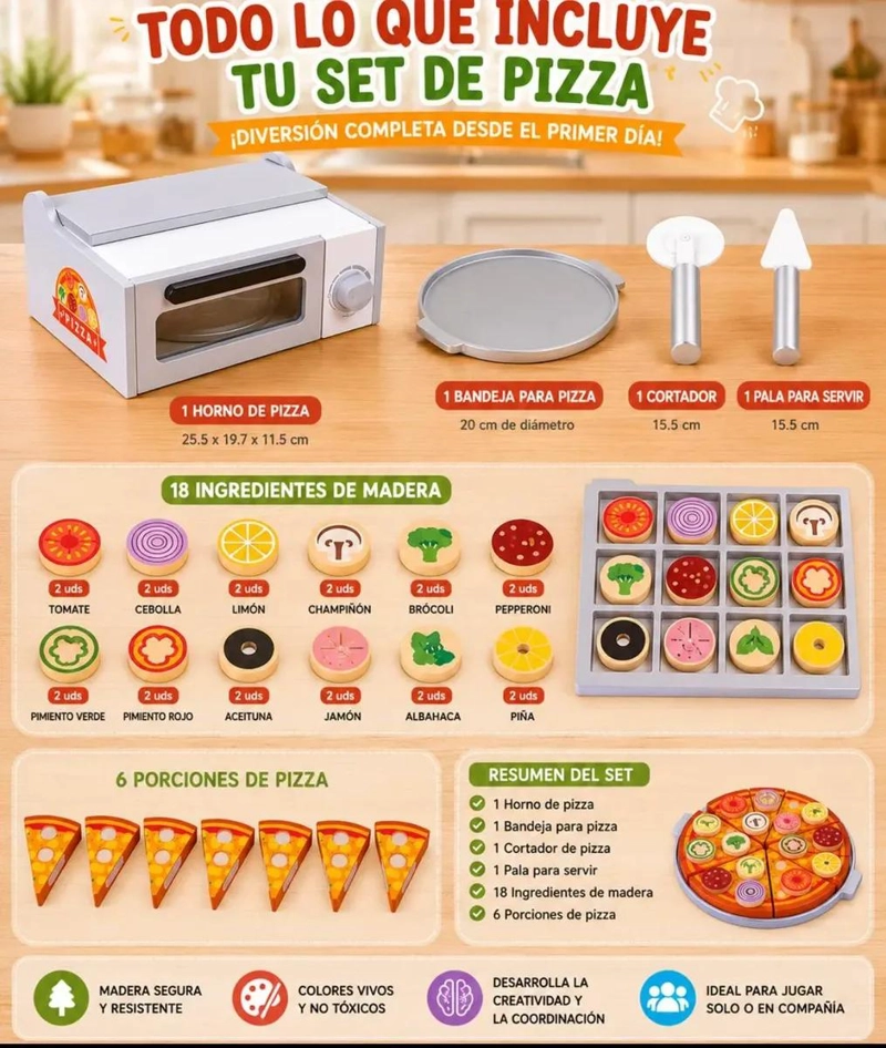HORNO DE PIZZA DE MADERA 30 PIEZAS PARA JUEGO INFANTIL - 9