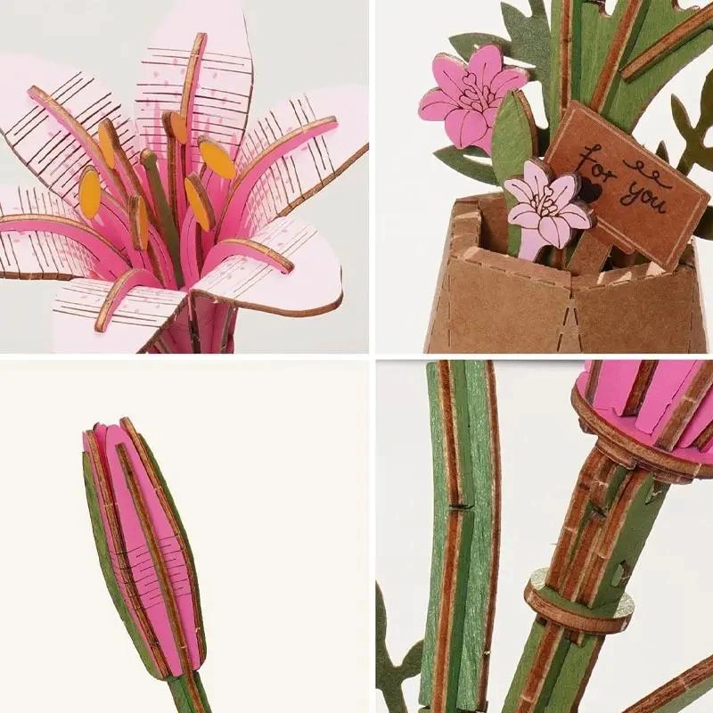 ELEGANTE FLOR LIRIO ROSADA DE MADERA PARA DECORACION - 6