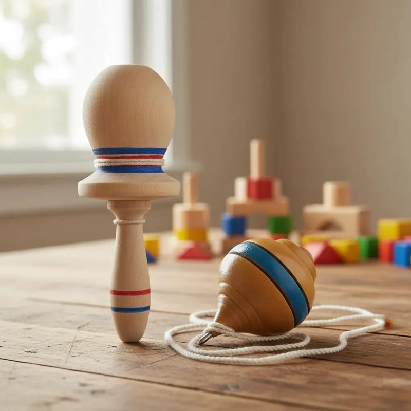SET DE JUEGOS TRADICIONALES CHILENOS EMBOQUE Y TROMPO DE MADERA - 2