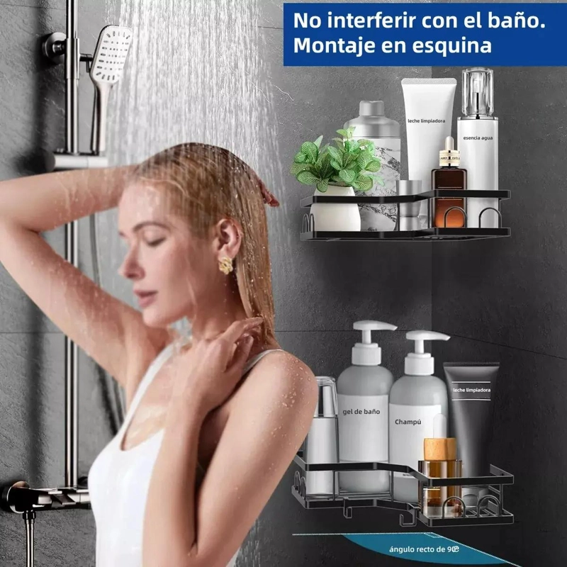ESQUINERO ORGANIZADOR DUCHA BAÑO MULTIUSO METAL NEGRO 2 PIEZAS - 3