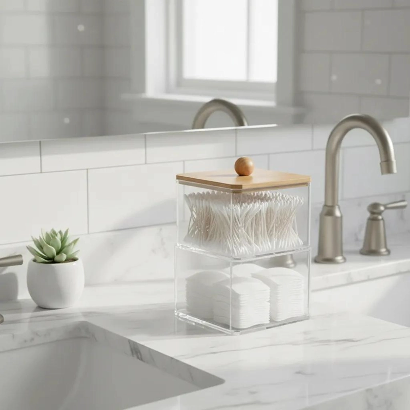 ORGANIZADOR DE BAÑO ACRILICO CON TAPA DE BAMBU 15 CM - 1
