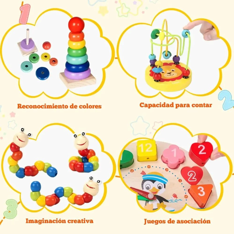 PACK DE 11 JUGUETES DIDACTICOS DE MADERA PARA APRENDIZAJE INFANTIL - 8