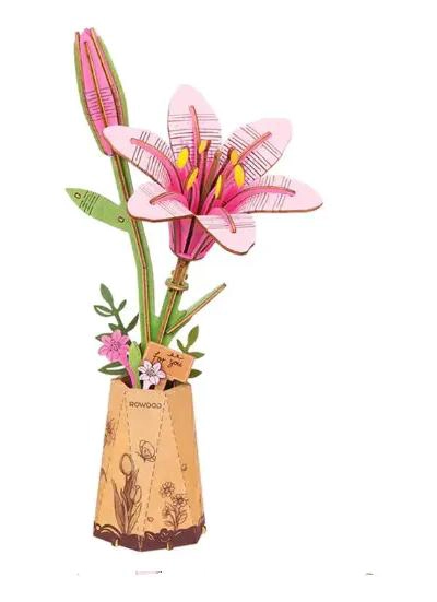 FLOR DE LIRIO ROSADA DE MADERA PARA DECORACION - 1