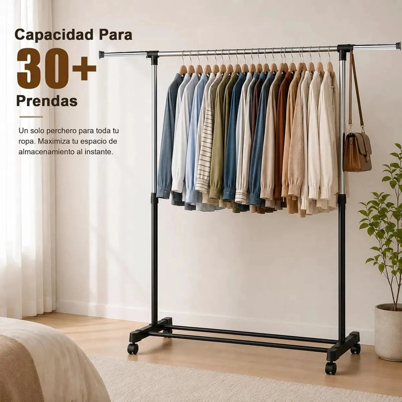 PERCHERO PORTATIL CON RUEDAS Y ESTANTE INFERIOR PARA ROPA - 2