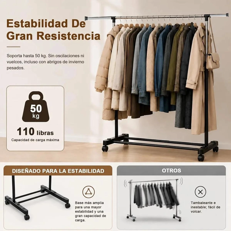 PERCHERO PORTATIL CON RUEDAS Y ESTANTE INFERIOR PARA ROPA - 4