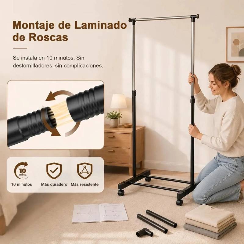 PERCHERO PORTATIL CON RUEDAS Y ESTANTE INFERIOR PARA ROPA - 5