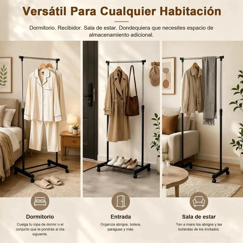 PERCHERO PORTATIL CON RUEDAS Y ESTANTE INFERIOR PARA ROPA - 6