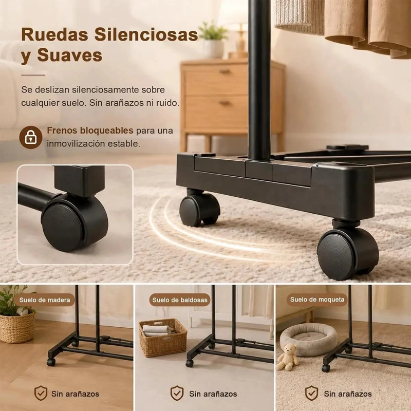 PERCHERO PORTATIL CON RUEDAS Y ESTANTE INFERIOR PARA ROPA - 7