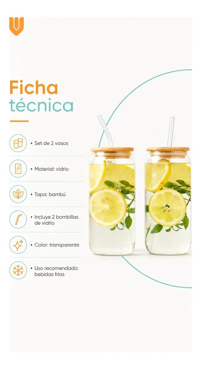 SET DE 2 VASOS DE VIDRIO CON TAPA DE BAMBU PARA BEBIDAS - 5