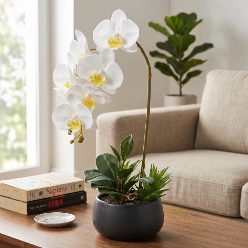 SET DE 2 PLANTAS ARTIFICIALES DE ORQUIDEA EN MACETA PARA DECORACION INTERIOR - 3