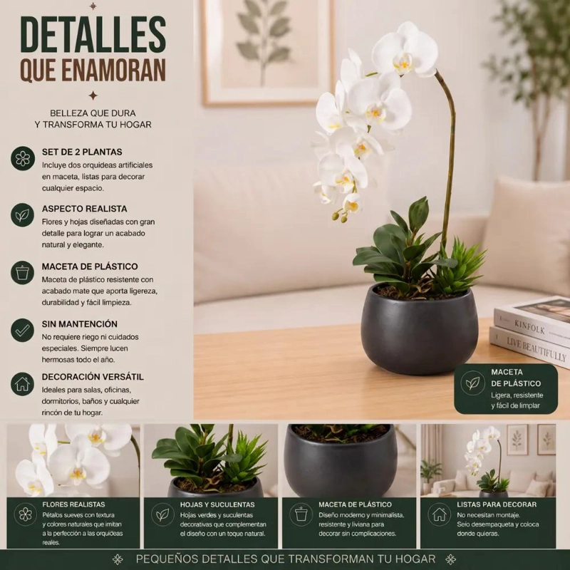 SET DE 2 PLANTAS ARTIFICIALES DE ORQUIDEA EN MACETA PARA DECORACION INTERIOR - 6