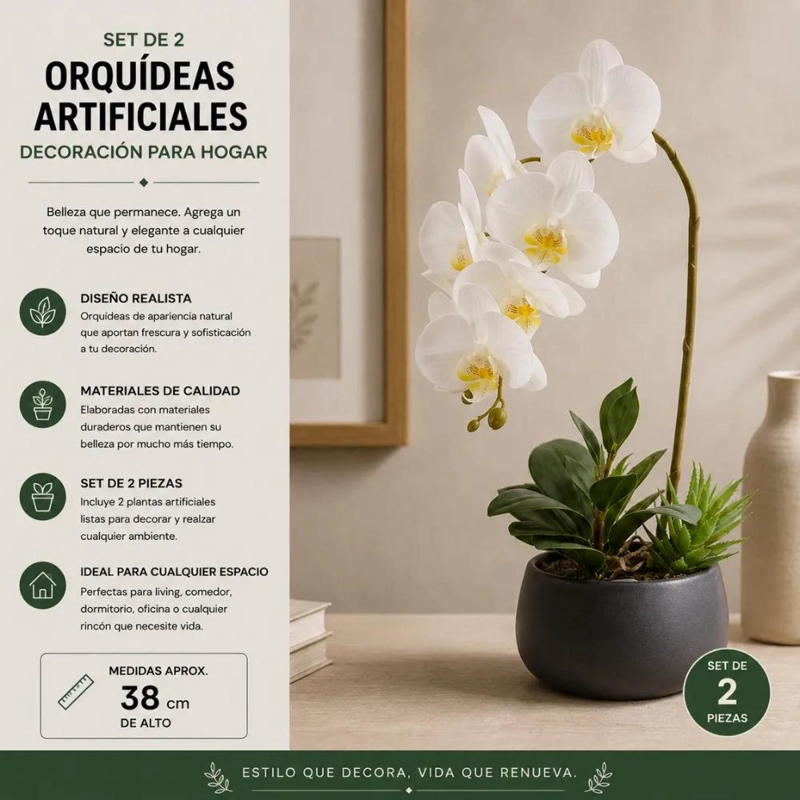 SET DE 2 PLANTAS ARTIFICIALES DE ORQUIDEA EN MACETA PARA DECORACION INTERIOR - 7