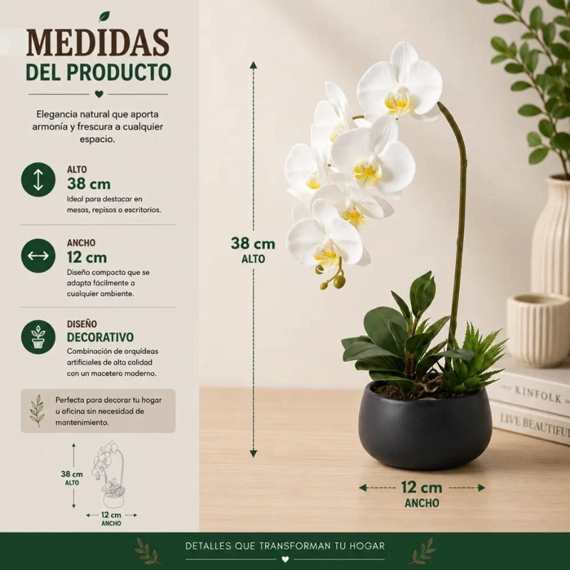SET DE 2 PLANTAS ARTIFICIALES DE ORQUIDEA EN MACETA PARA DECORACION INTERIOR - 8