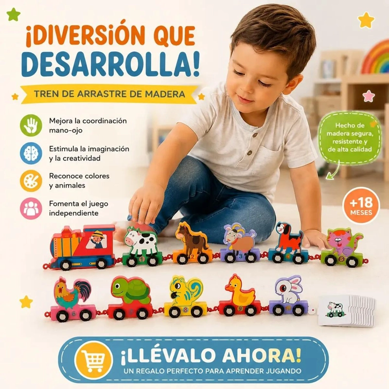 TREN DE ARRASTRE DE MADERA CON ANIMALES COLORIDOS PARA NIÑOS - 1