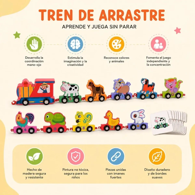 TREN DE ARRASTRE DE MADERA CON ANIMALES COLORIDOS PARA NIÑOS - 3