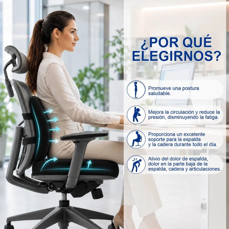 COJIN LUMBAR ERGONOMICO Y ASIENTO PARA SILLAS COLOR NEGRO - 3