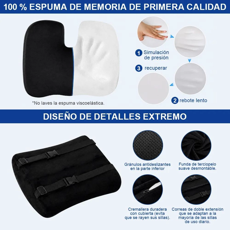 COJIN LUMBAR ERGONOMICO Y ASIENTO PARA SILLAS COLOR NEGRO - 7