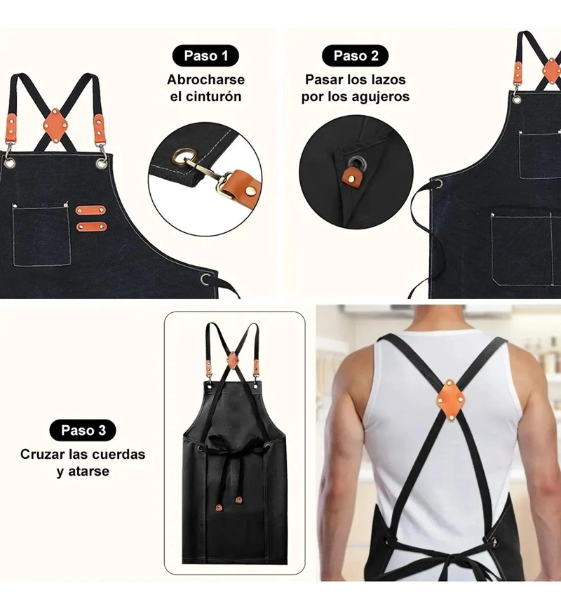 DELANTAL DE COCINA AJUSTABLE CON BOLSILLOS Y RESISTENTE AL AGUA - 7