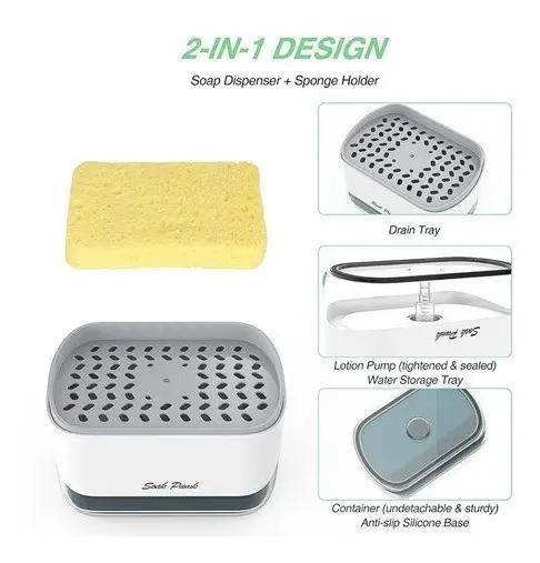 DISPENSADOR DE JABON LIQUIDO CON PORTA ESPONJAS BLANCO - 2