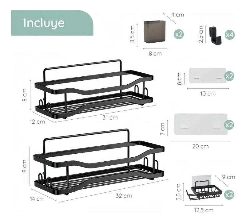 SET ORGANIZADOR DE DUCHA Y JABON CON GANCHOS Y ADHESIVO - 1