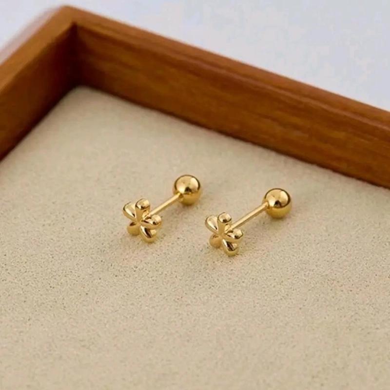 AROS FLOR PARA NIÑAS CON TOPE TORNILLO ENCHAPADOS EN ORO 18K - 4