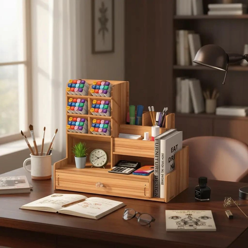 ORGANIZADOR DE ESCRITORIO MULTIFUNCIONAL CON CAJON Y COMPARTIMENTOS - 4