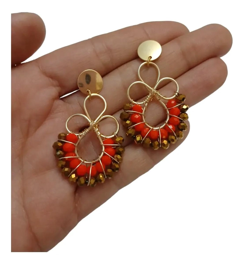 AROS ELEGANTES EN BAÑO DE ORO CON PIEDRAS NARANJAS Y DORADAS - 3