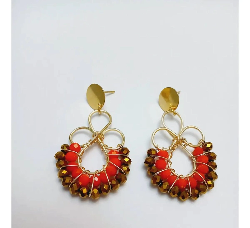 AROS ELEGANTES EN BAÑO DE ORO CON PIEDRAS NARANJAS Y DORADAS - 4