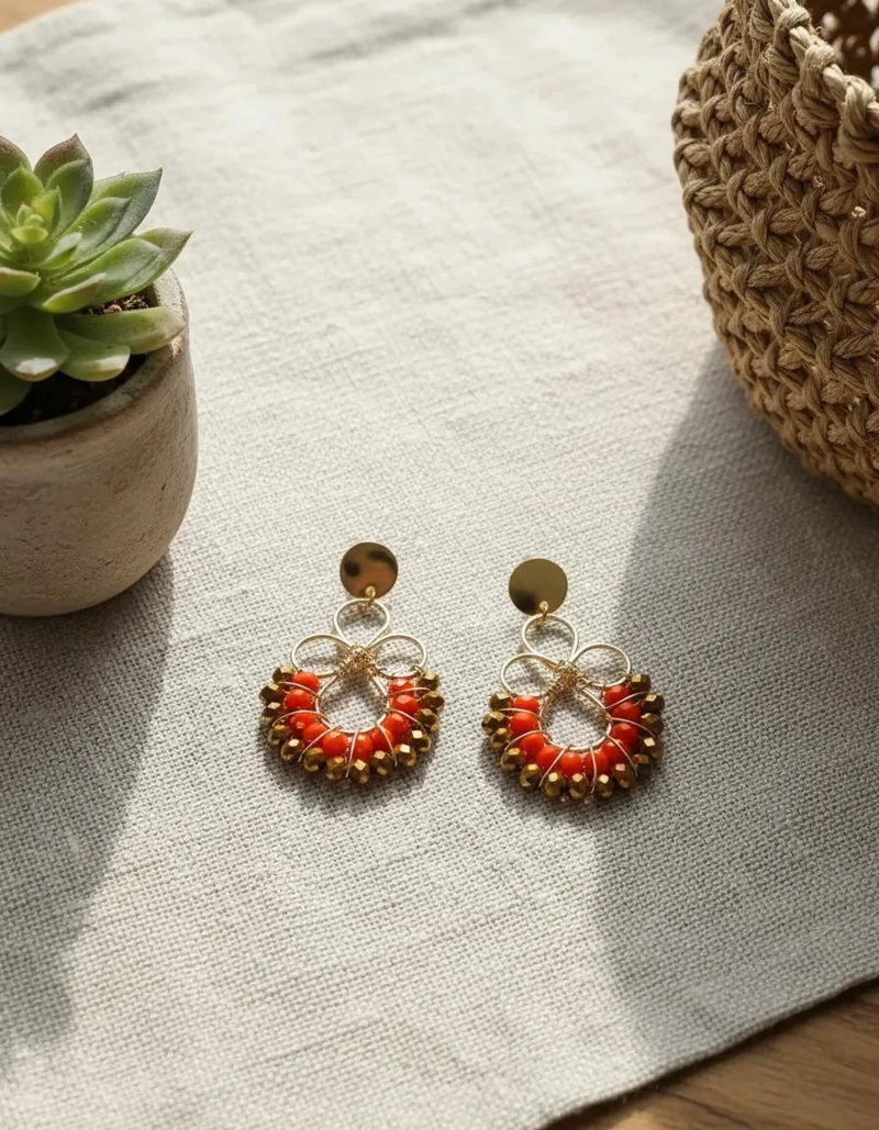 AROS ELEGANTES EN BAÑO DE ORO CON PIEDRAS NARANJAS Y DORADAS - 6
